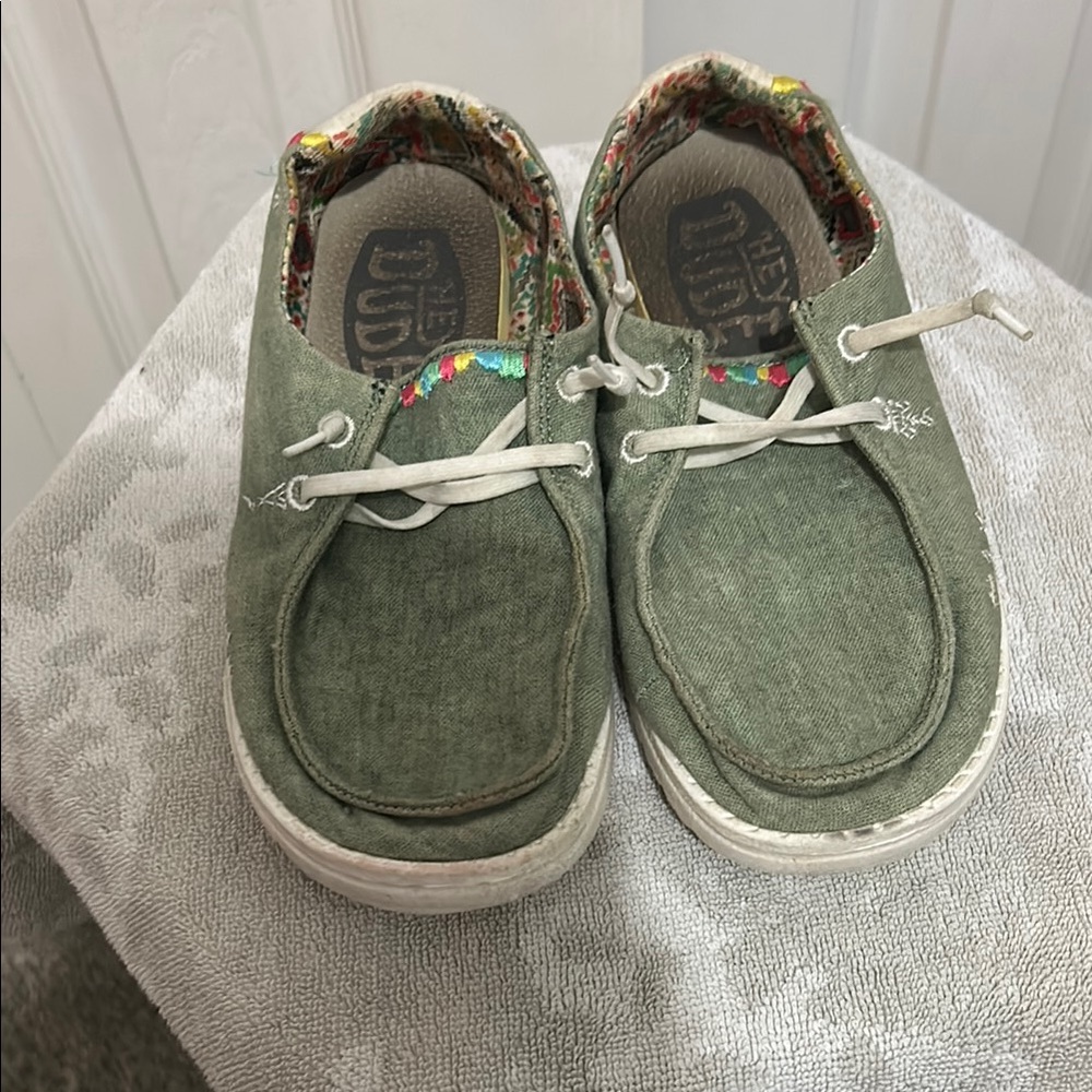 Hey Dude Green Moccasin Shoes with Classic Stitching